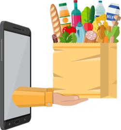 iPhone with arms coming out of it holding a grocery bag