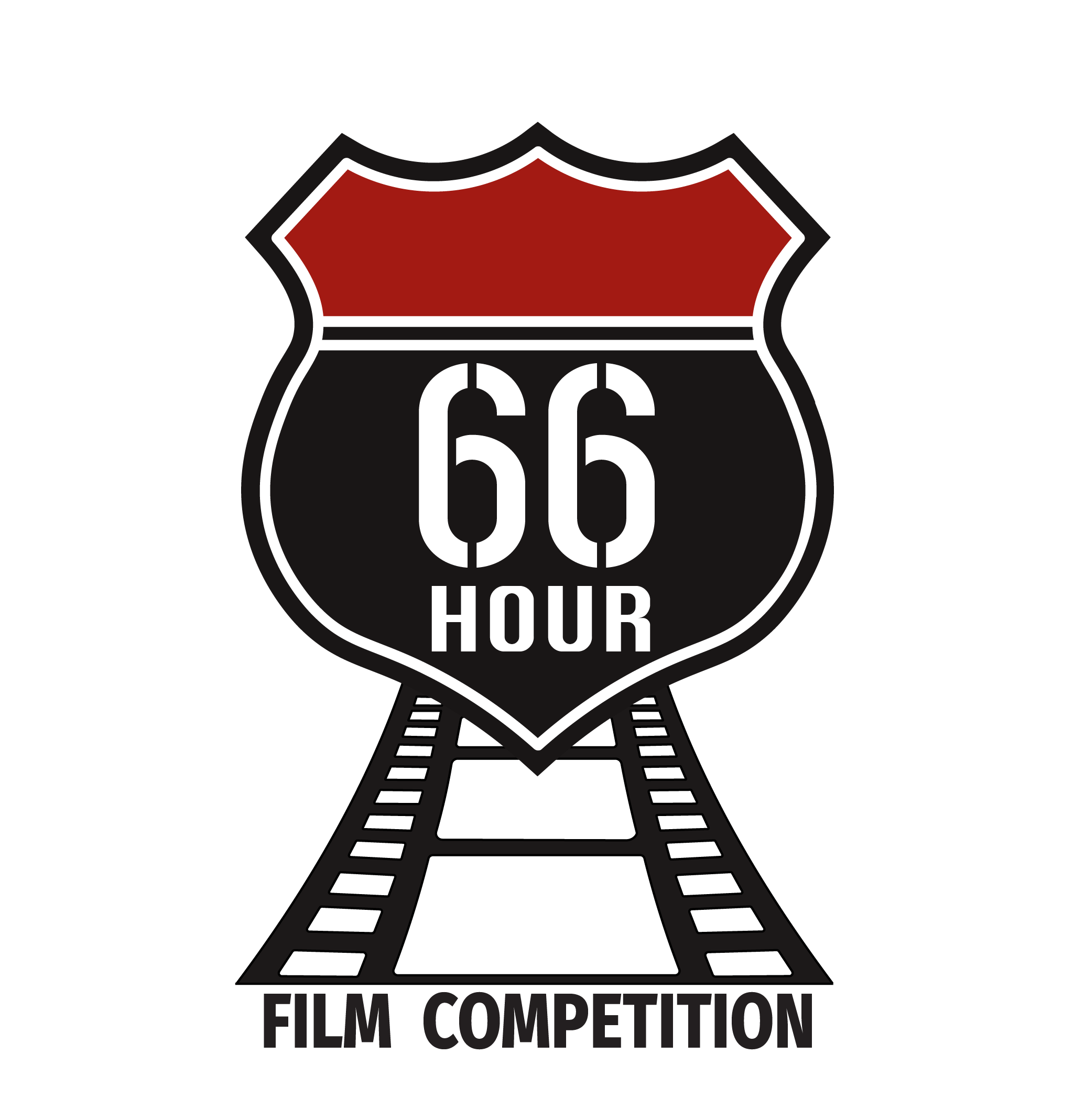 A freeway sign with the words "66 Hour" in it with a film strip under it made to look like road. The words "Film Competition" are centered at the bottom. 