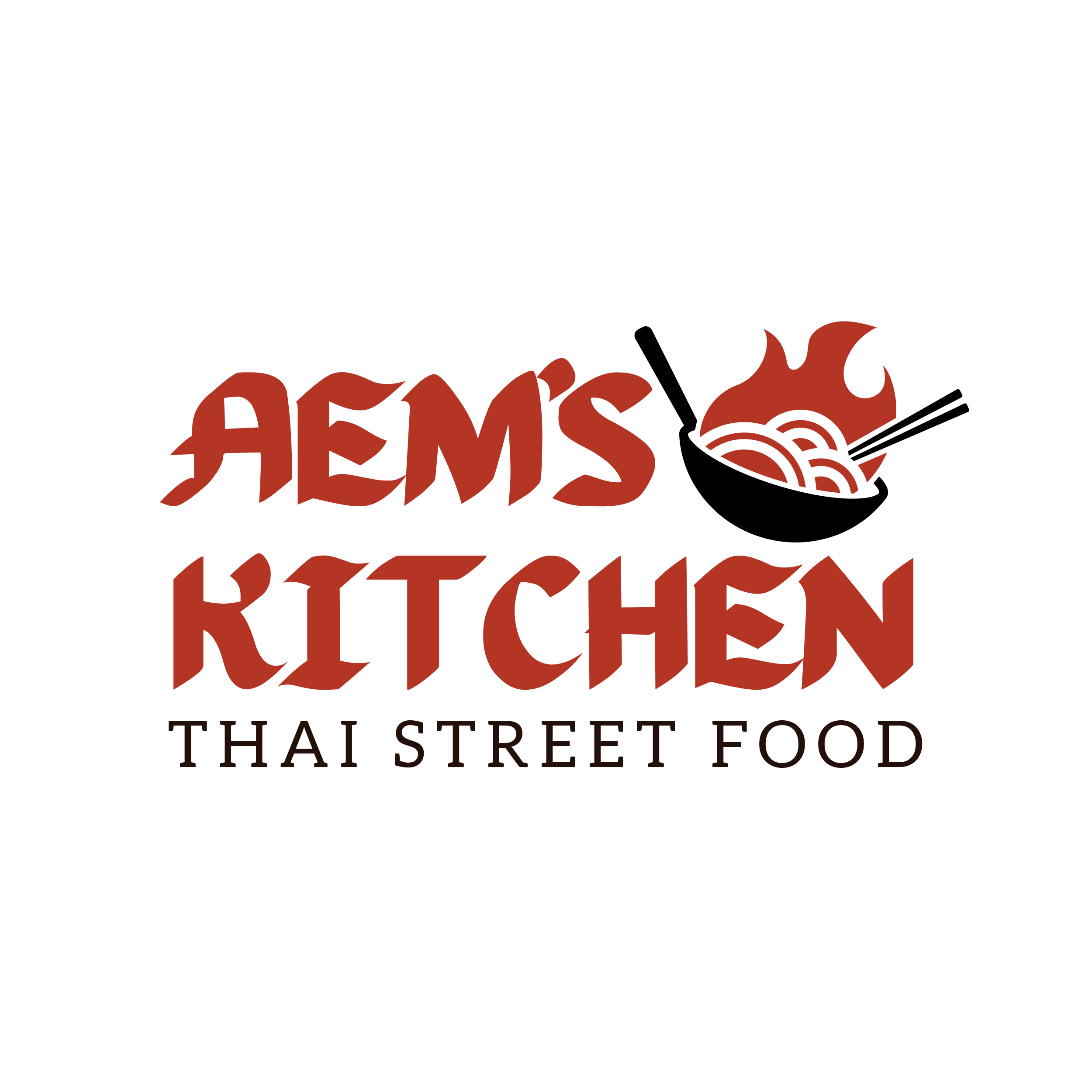 Logo for AEM's Kitchen Thai Street Food featuring stylized red lettering and a black bowl of noodles with chopsticks and flames.