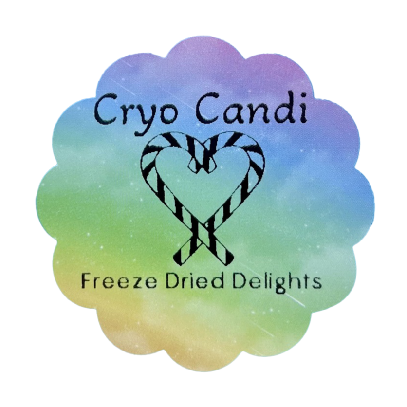 Logo for Cryo Candi Freeze Dried Delights featuring a pastel rainbow background and two candy canes forming a heart shape.