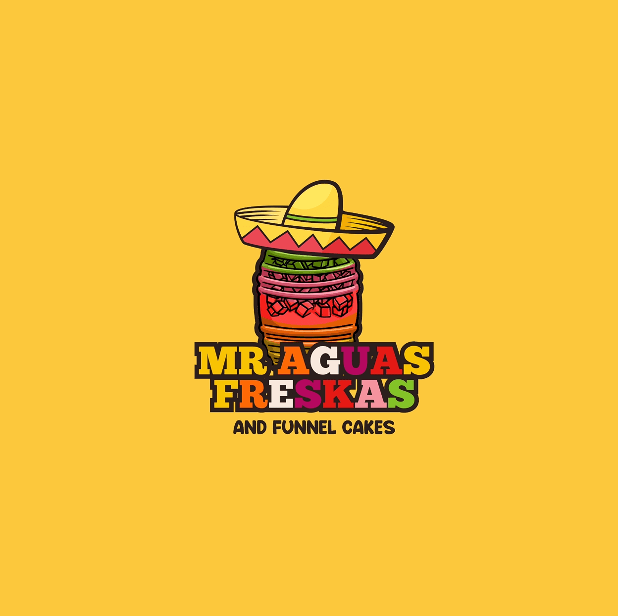 Logo for Mr. Aguas Freskas and Funnel Cakes featuring a colorful drink wearing a sombrero above the business name.