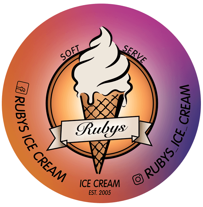 Circular logo for Ruby's Ice Cream featuring a soft-serve ice cream cone with the business name and social media handles around the border.