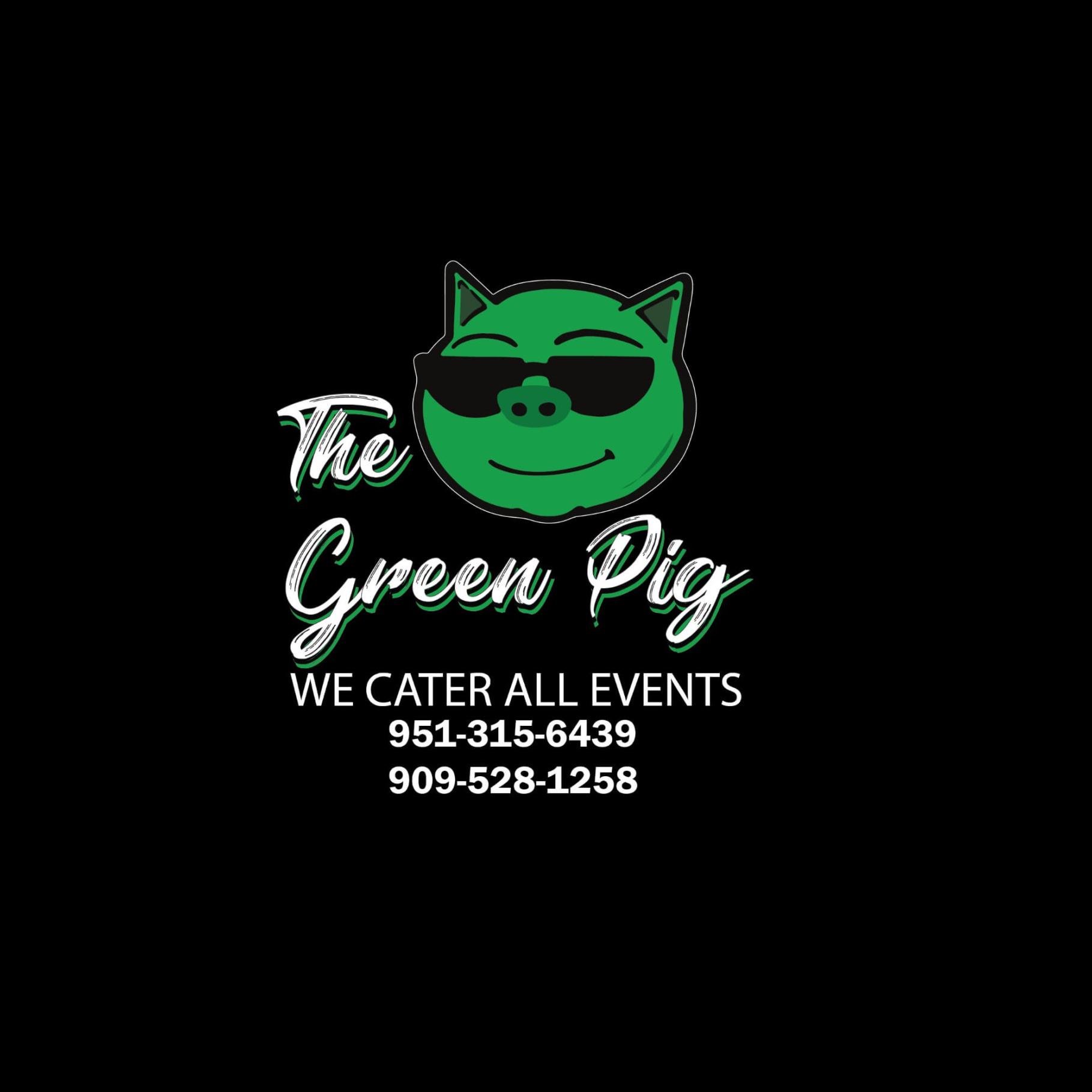 Logo for The Green Pig featuring a green pig wearing sunglasses above the business name and catering information.