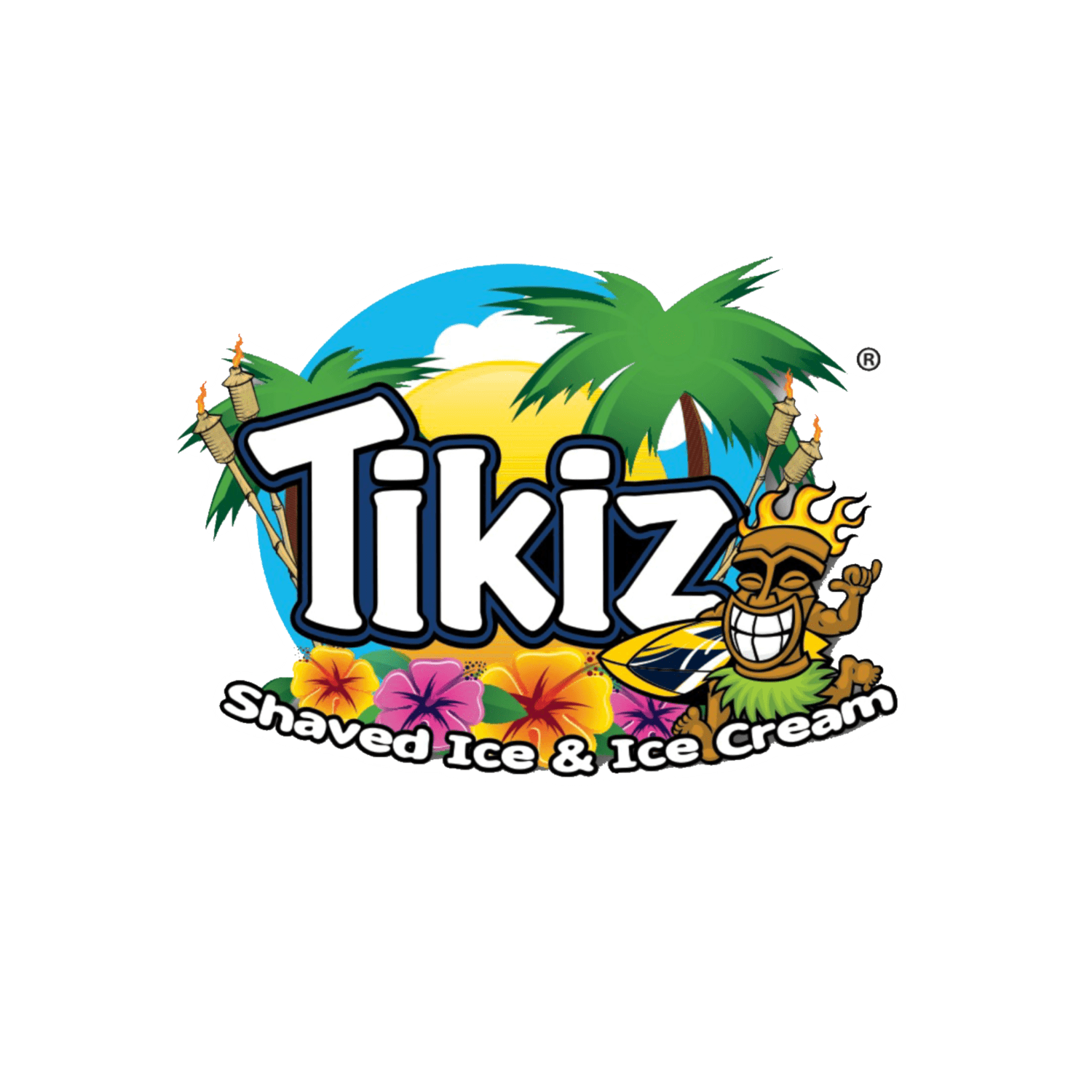Tropical logo for Tikiz Shaved Ice & Ice Cream featuring palm trees, flowers, a tiki character, and the business name.